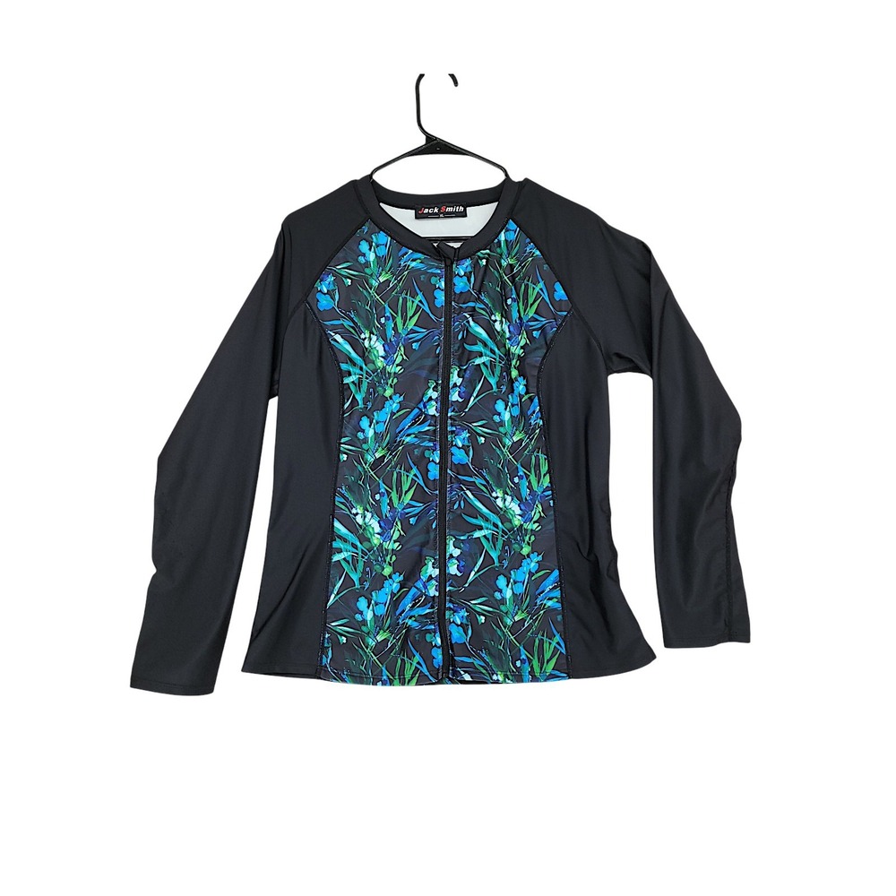 Womens Rash Guard XL Jack Smith Black Blue Floral Full Zip Long Sleeve Swim Top